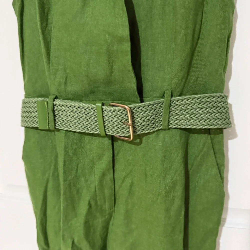 Mango MNG Green 100% Linen Sleeveless Belted Wrap Jumpsuit Womens Size Medium